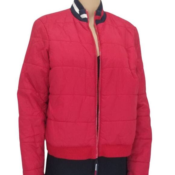 VINTAGE Red Tube Puffer Zip Up Winter Coat Short Collar Tommy Jeans Size Large - Picture 1 of 9